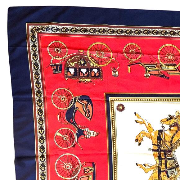 Silky polyester scarf large square designer look red blue gold carriages FLAWS - Picture 3 of 12